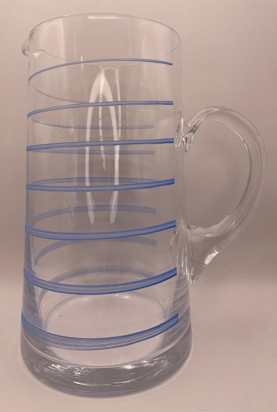 Vintage Heavy Glass Pitcher with Blue Stripes Pre-owned
